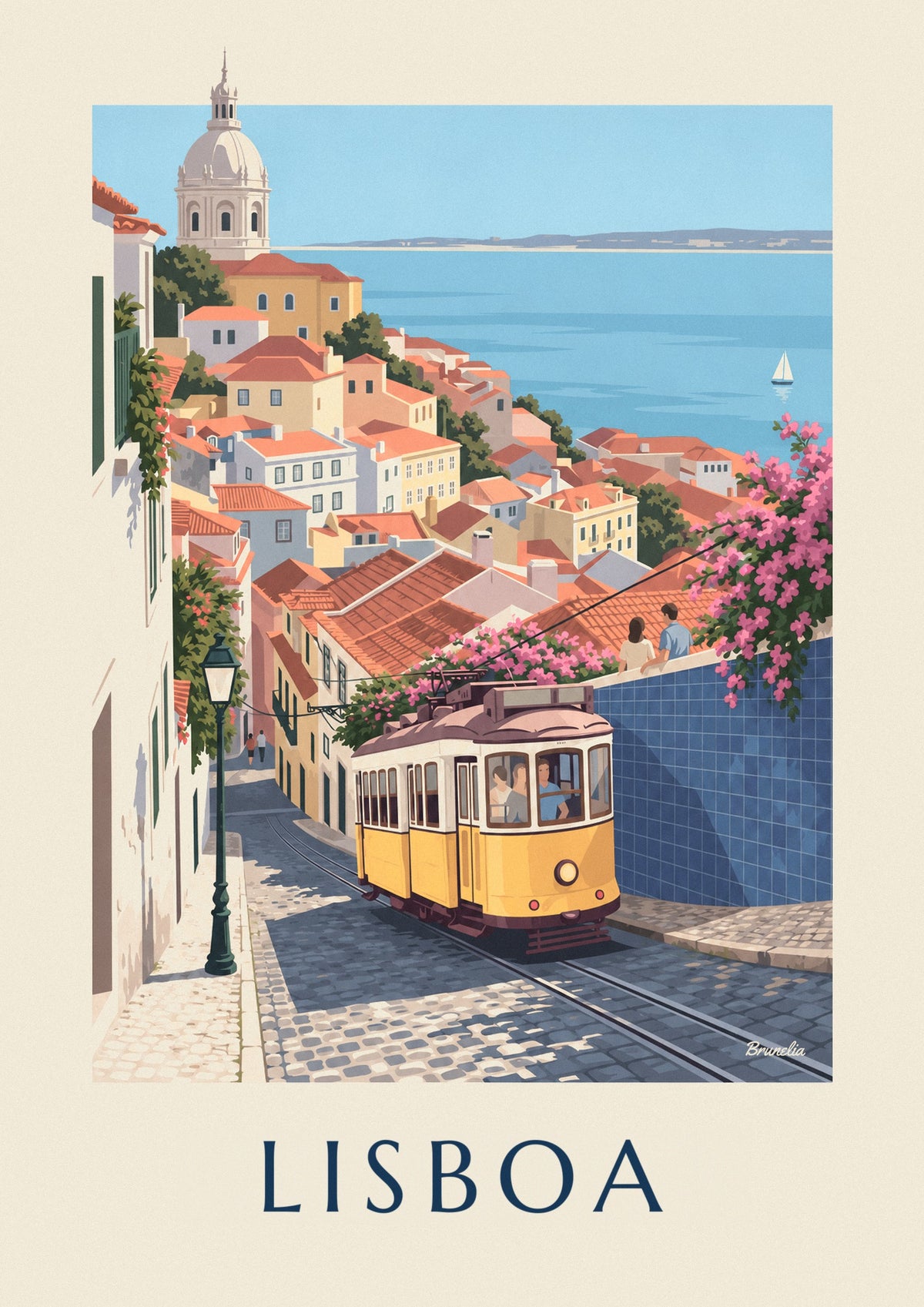 Cartaz de elétrico amarelo numa rua empedrada de Lisboa com vista para o Tejo