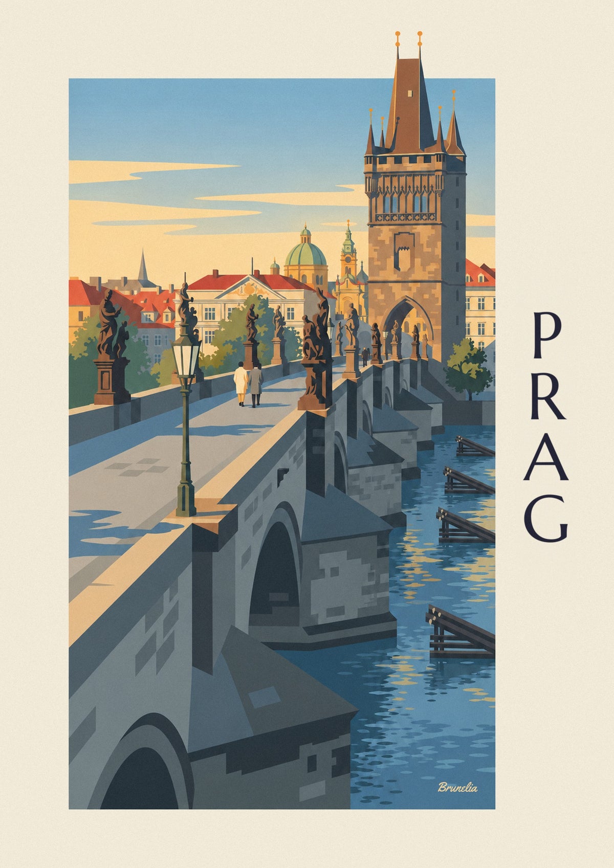 Affisch med Prag, Karlsbron och gotiskt torn över Vltava