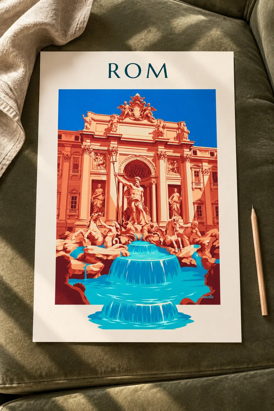 Affisch med Fontana di Trevi och Neptunus i Rom: liggande på ett bord