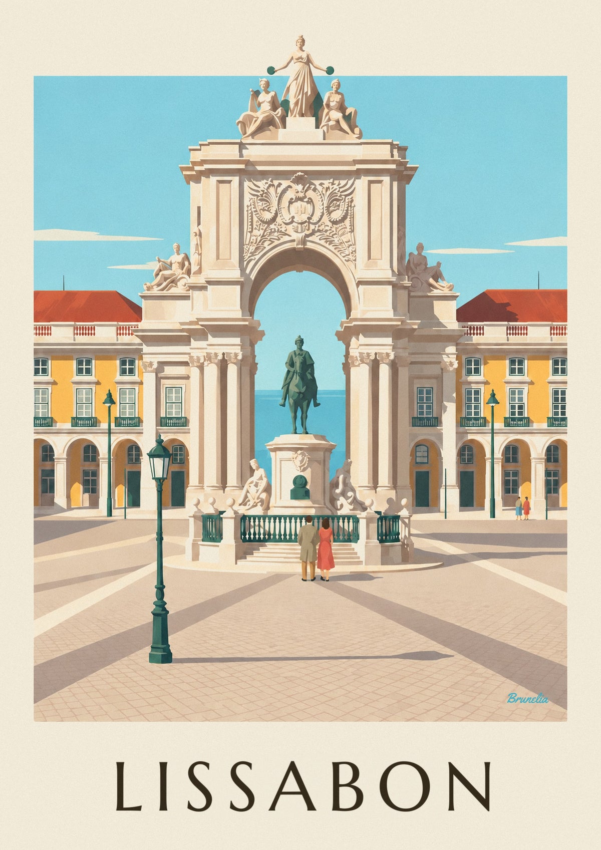 Affisch med Praça do Comércio och Rua Augustas triumfbåge i Lissabon