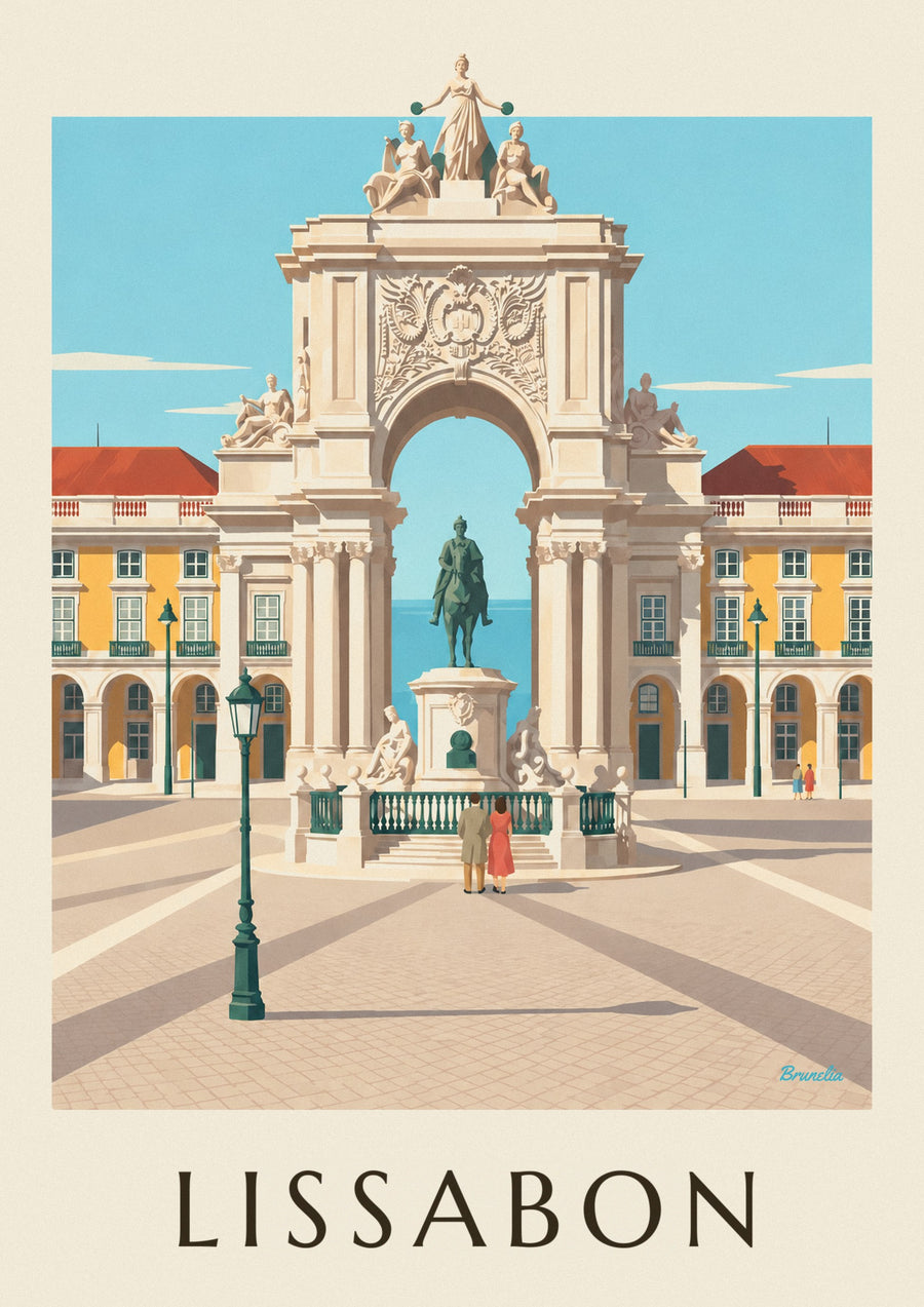 Affisch med Praça do Comércio och Rua Augustas triumfbåge i Lissabon