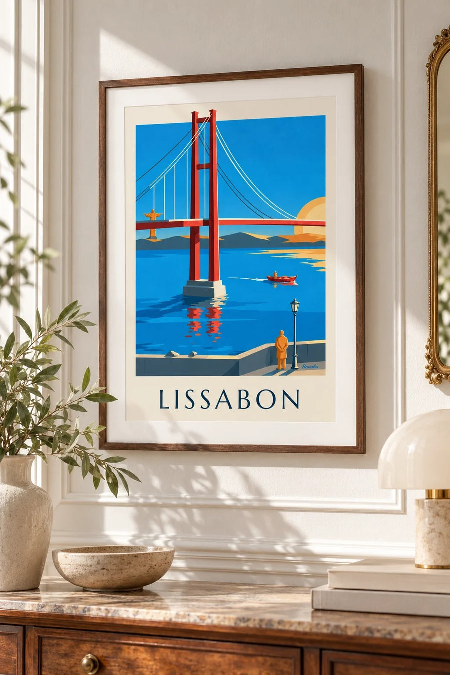 Affisch med 25 april-bron över Tejo i Lissabon: litet A4-format i ram