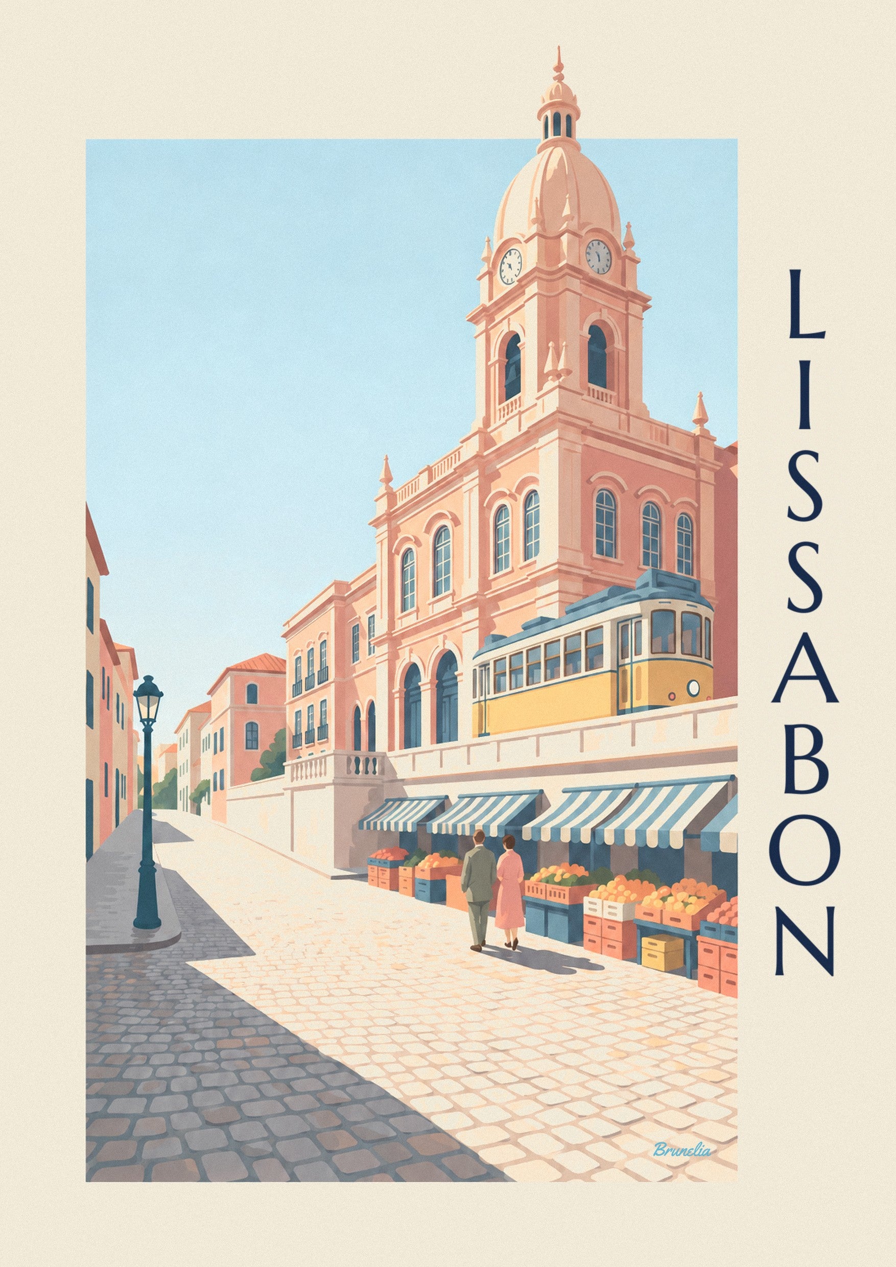Affisch med Ribeira-marknaden i Lissabon och gul spårvagn: detalj i närbild