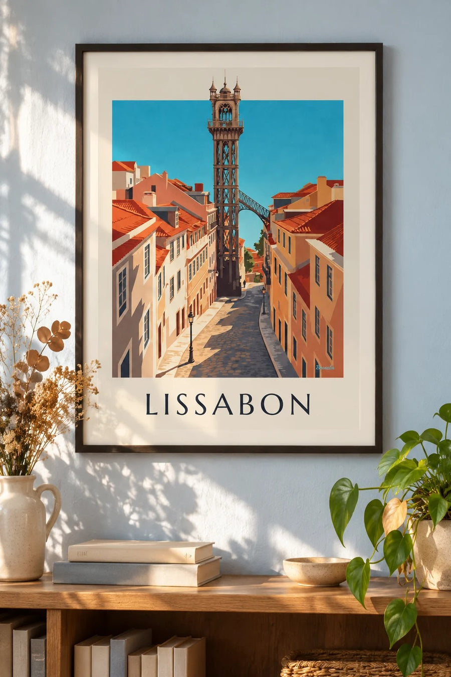 Affisch med Santa Justa-hissen i Lissabon: inramad på väggen