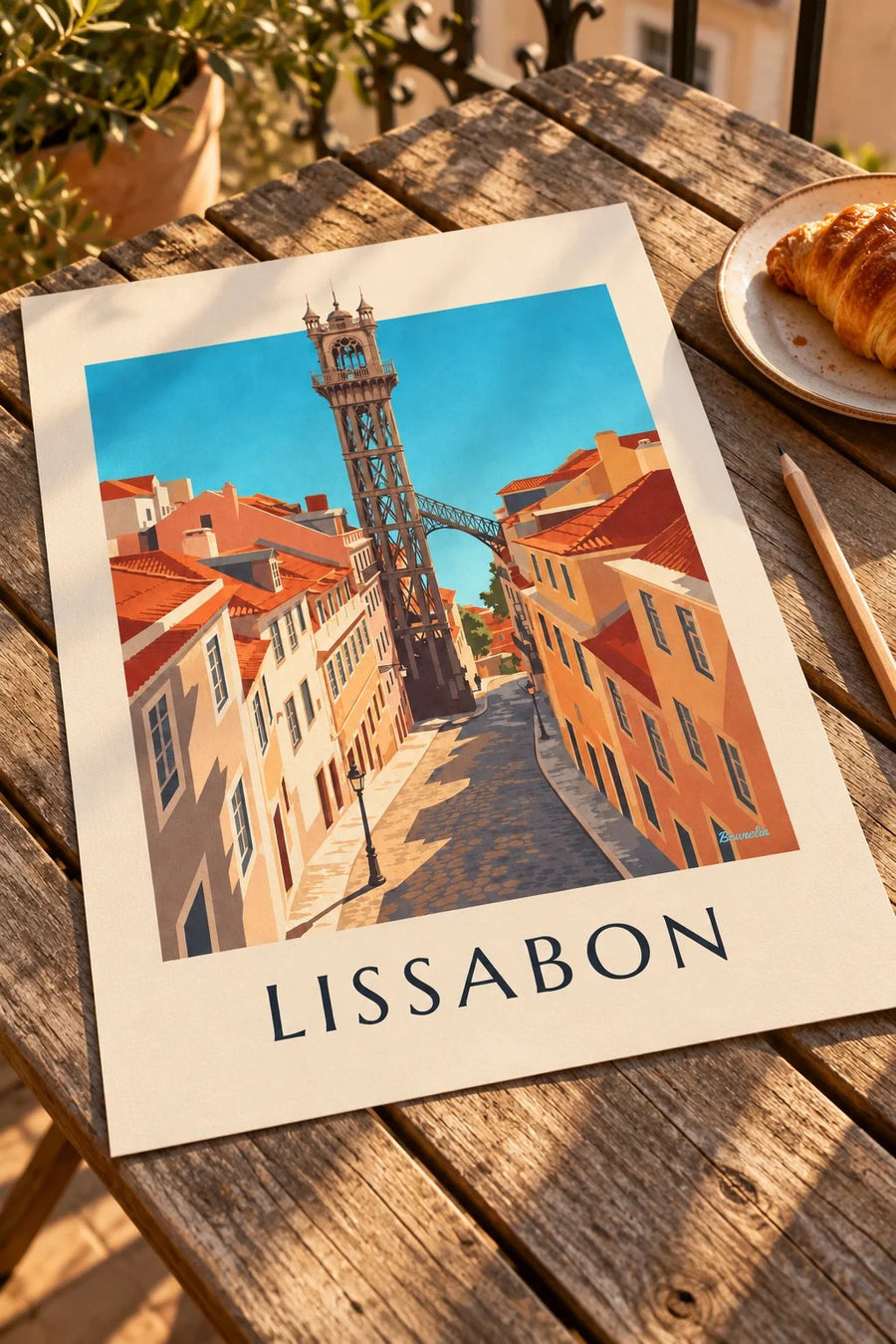 Affisch med Santa Justa-hissen i Lissabon: liggande på ett bord