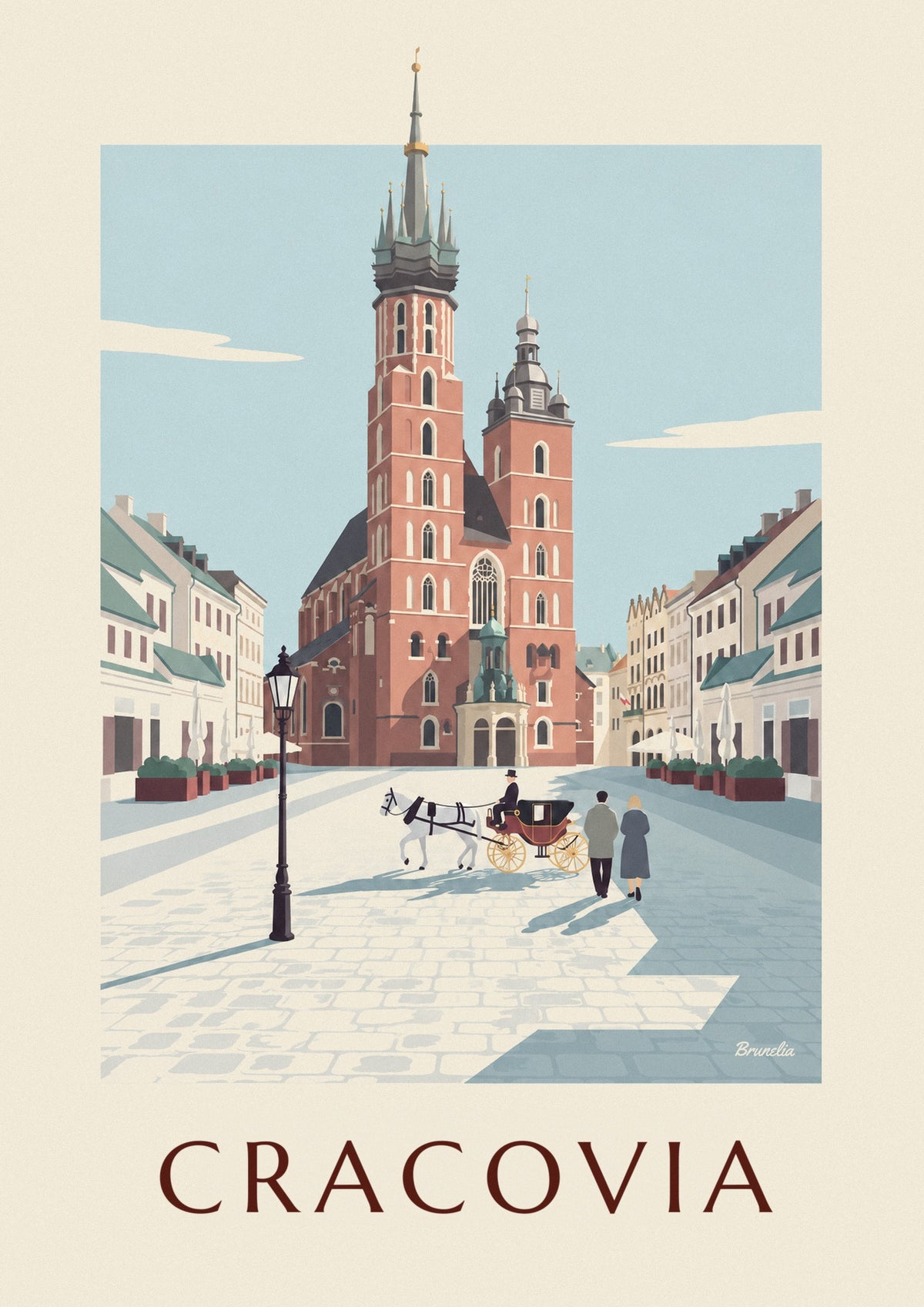 Poster da Basílica de Santa Maria e carruagem na praça de Cracóvia