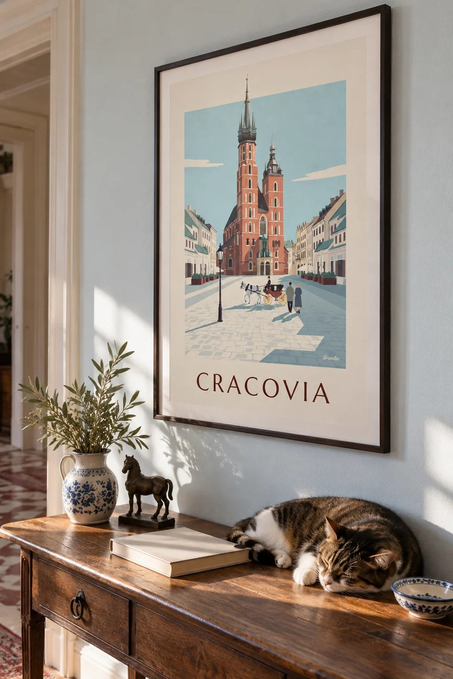 Poster da Basílica de Santa Maria e carruagem na praça de Cracóvia: emoldurado na parede