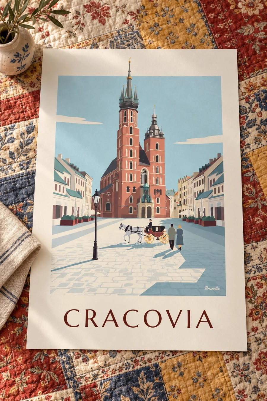 Poster da Basílica de Santa Maria e carruagem na praça de Cracóvia: pousado numa mesa