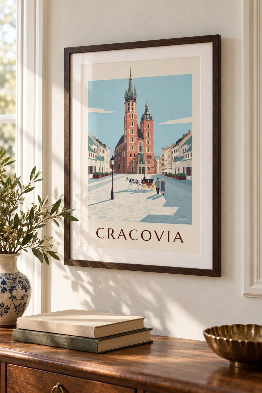Poster da Basílica de Santa Maria e carruagem na praça de Cracóvia: pequeno formato A4 emoldurado