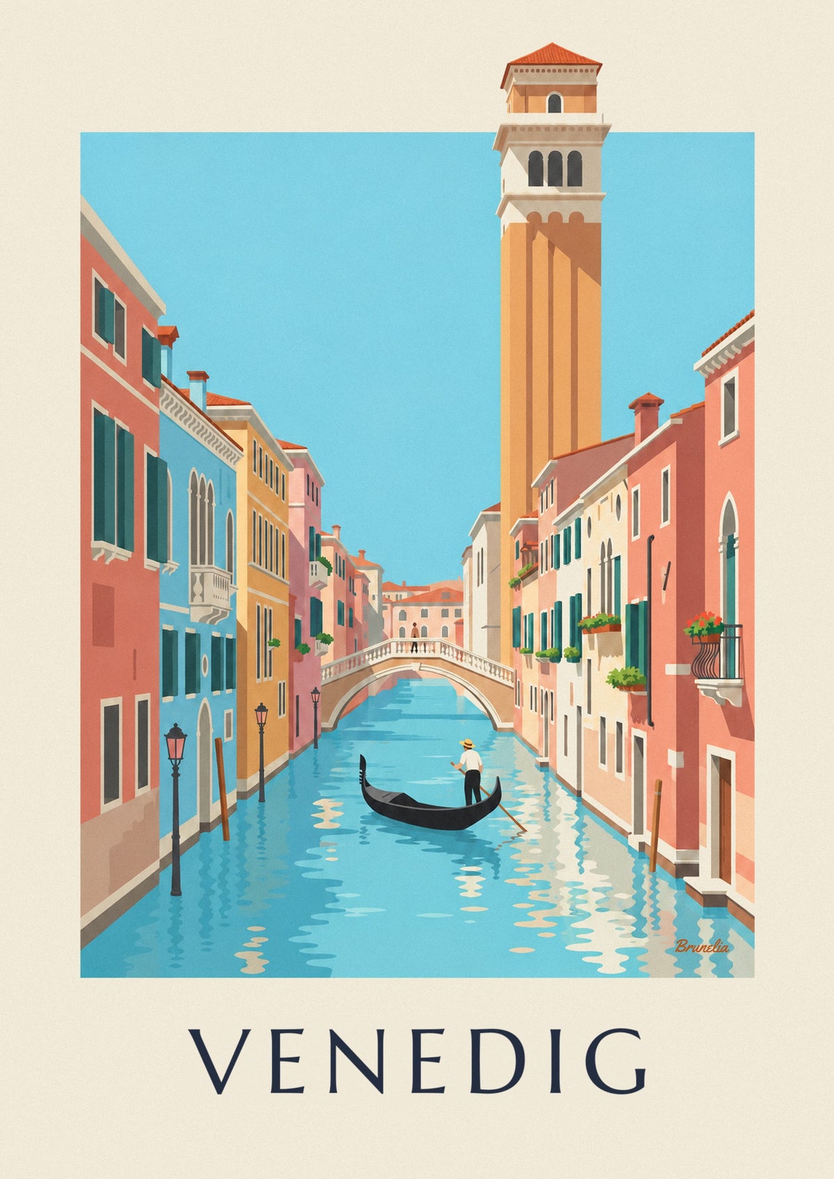 Affisch med gondoljär på en kanal i Venedig