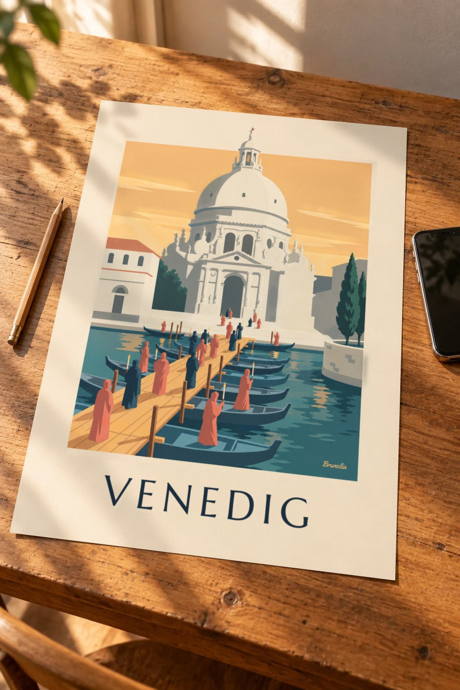 Affisch med pilgrimer på båtbron till La Salute i Venedig: liggande på ett bord