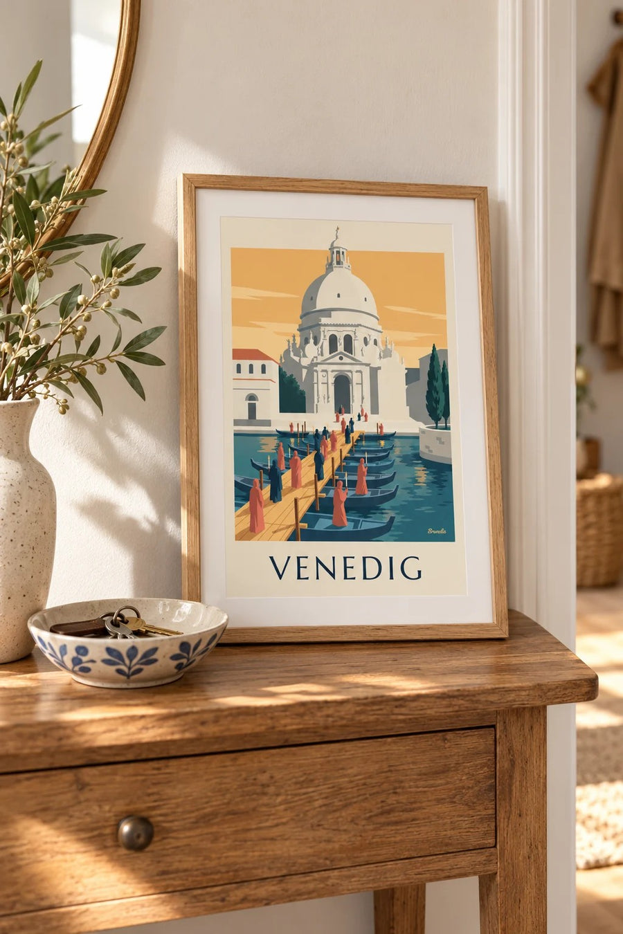 Affisch med pilgrimer på båtbron till La Salute i Venedig: litet A4-format i ram
