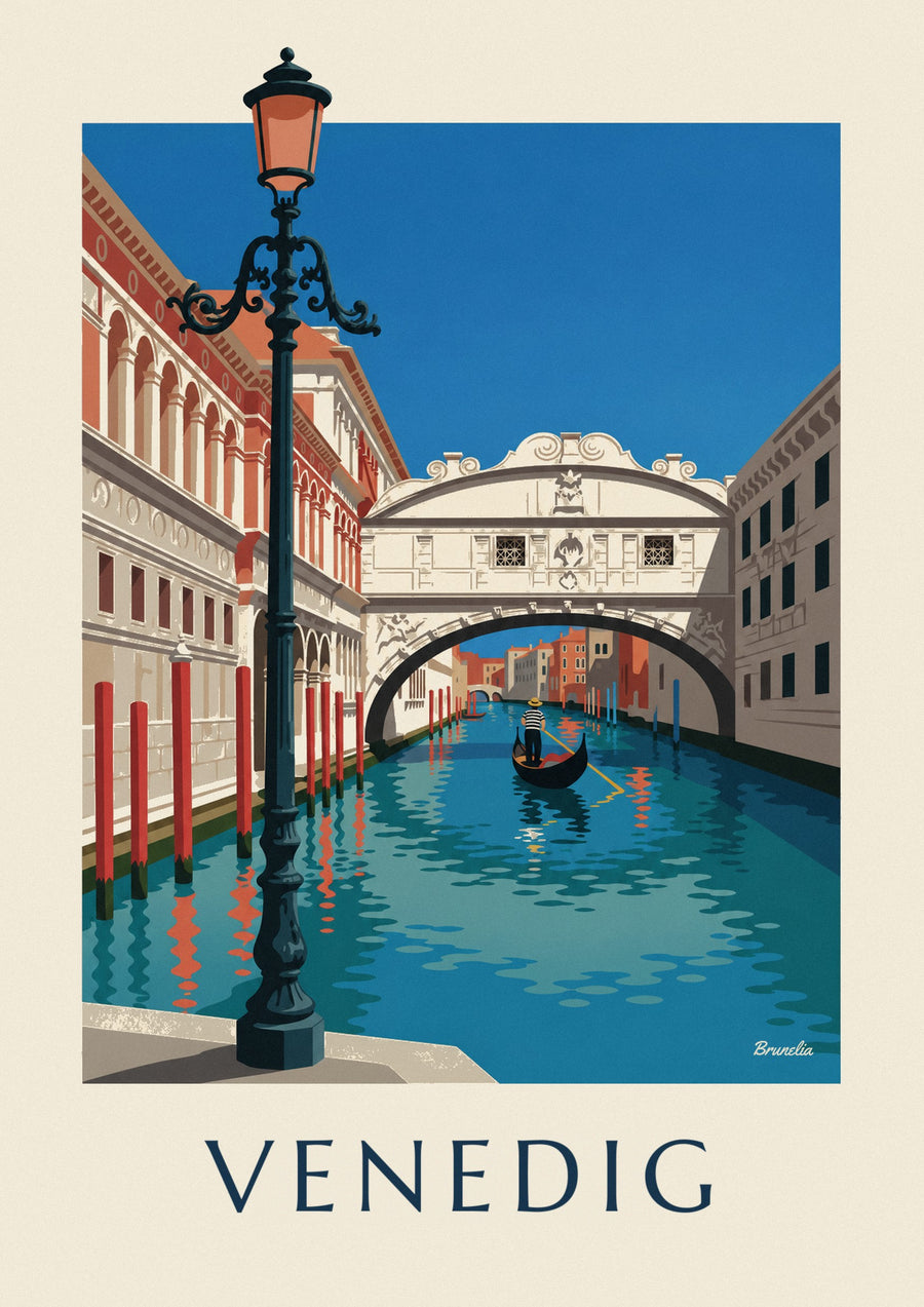 Affisch med gondol under Suckarnas bro i Venedig