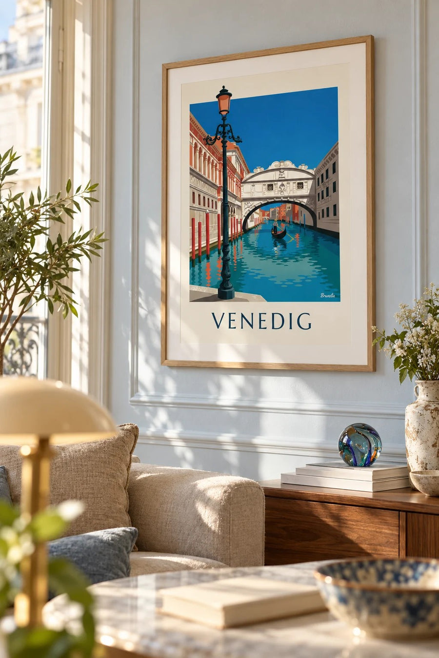 Affisch med gondol under Suckarnas bro i Venedig: inramad på väggen