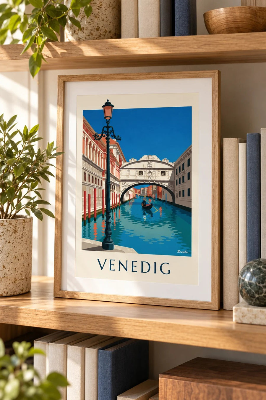 Affisch med gondol under Suckarnas bro i Venedig: litet A4-format i ram