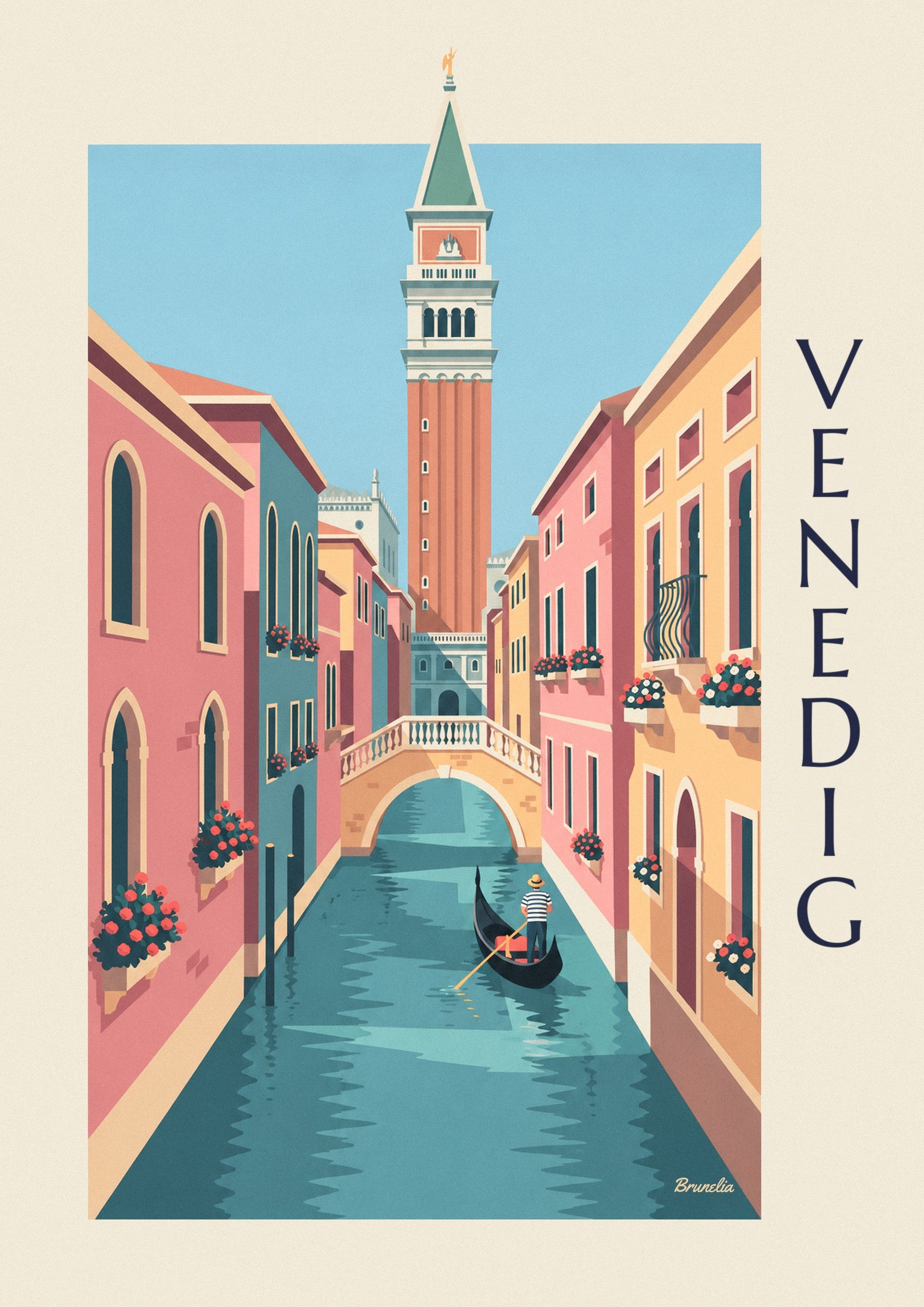 Affisch med gondoljär på en smal kanal under Venedigs kampanil: detalj i närbild