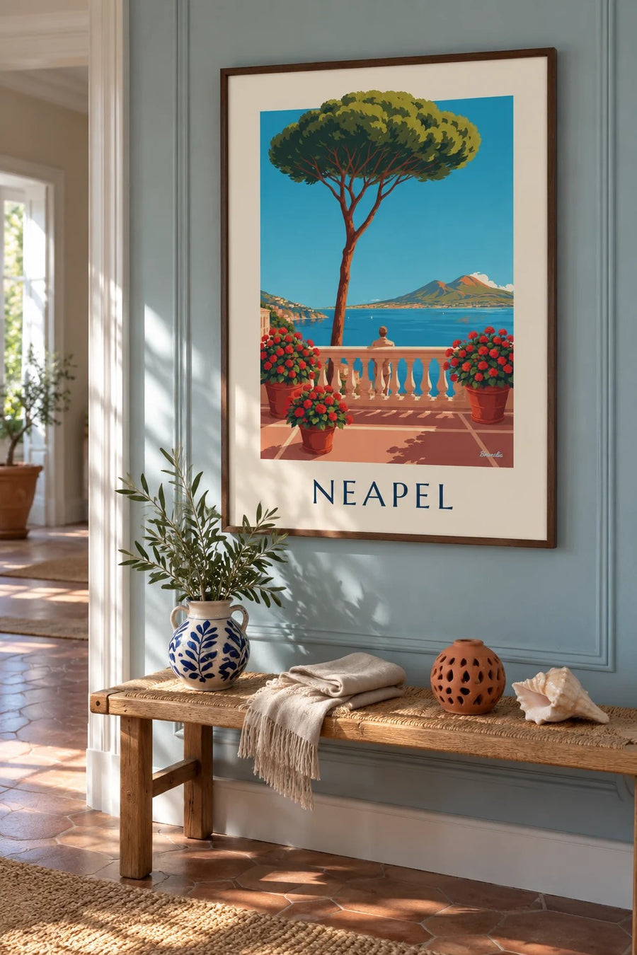 Affisch med Neapels bukt och Vesuvius sedd från en terrass: inramad på väggen