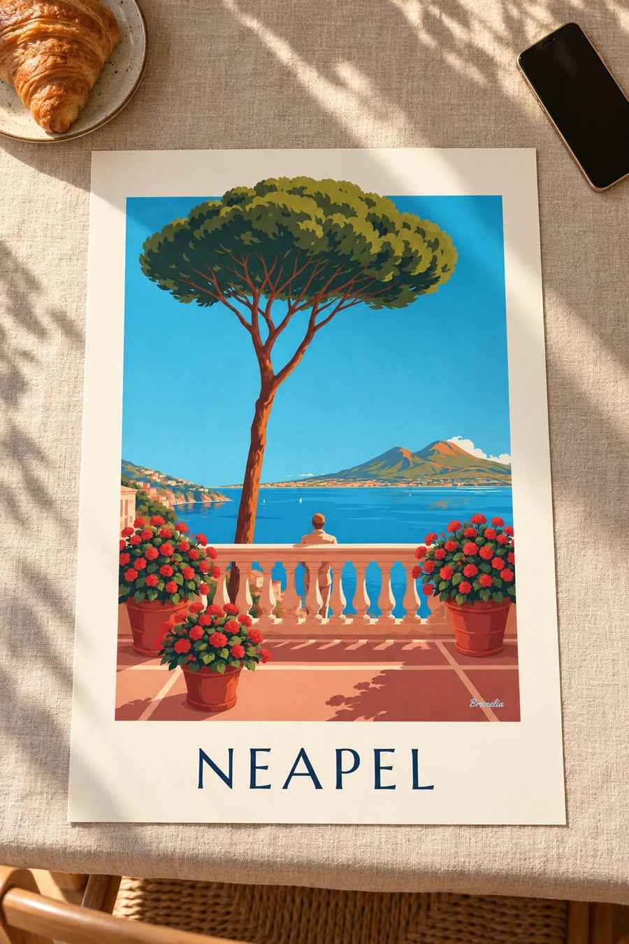Affisch med Neapels bukt och Vesuvius sedd från en terrass: liggande på ett bord