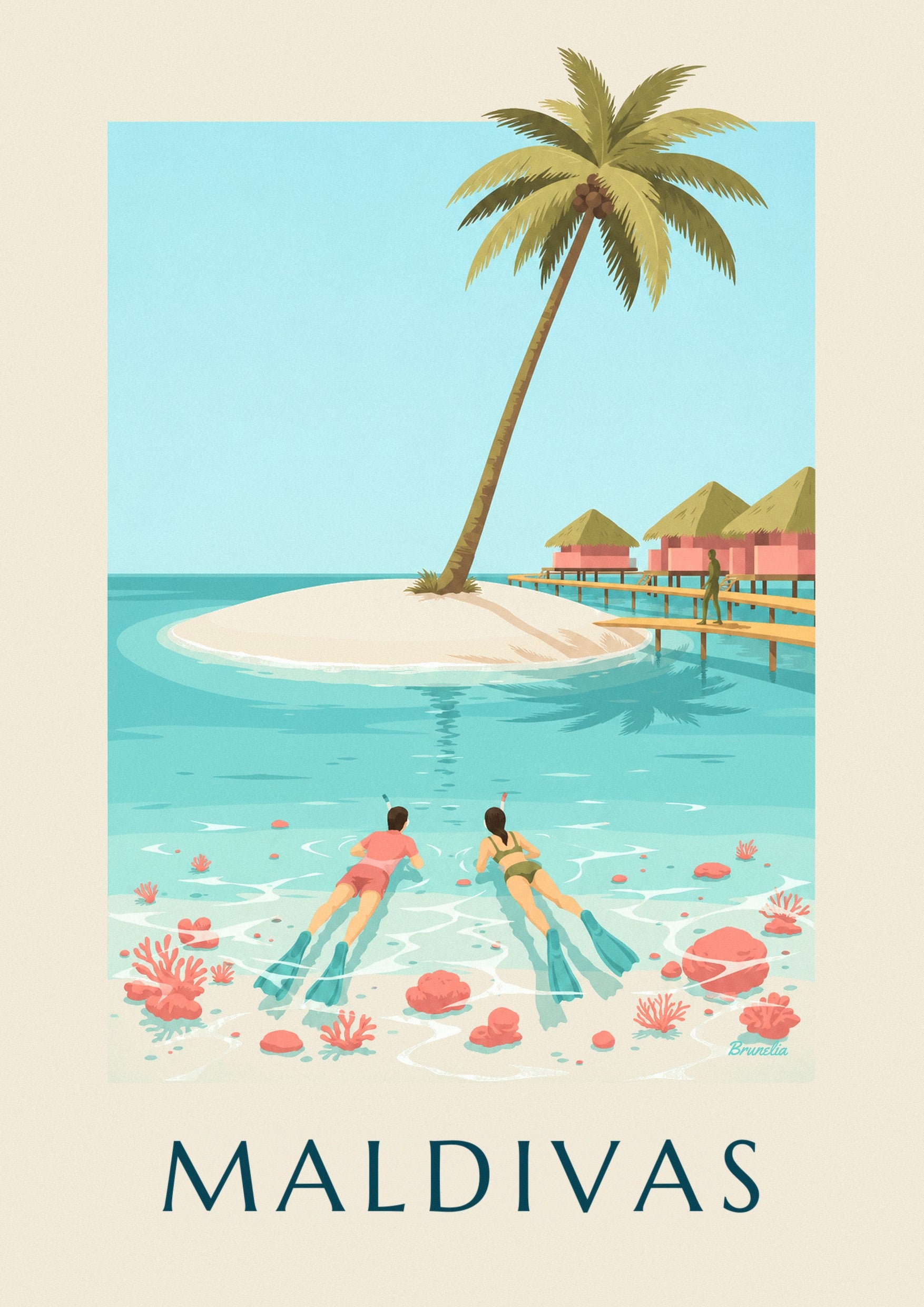 Poster das Maldivas, mergulhadores com máscara e tubo sobre os corais da lagoa: pormenor ampliado
