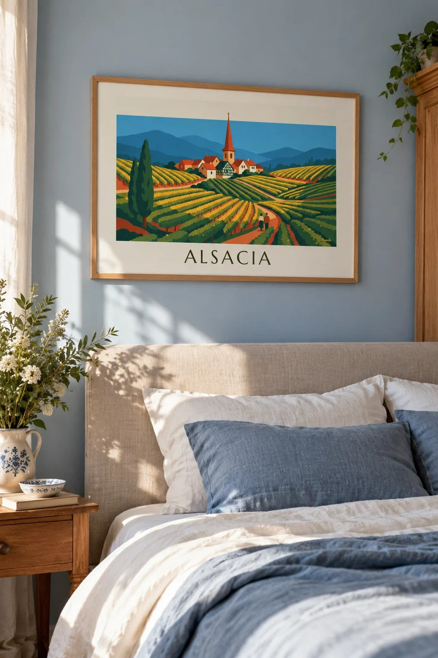Cartaz da rota dos vinhos e das vinhas em socalcos da Alsácia: emoldurado na parede