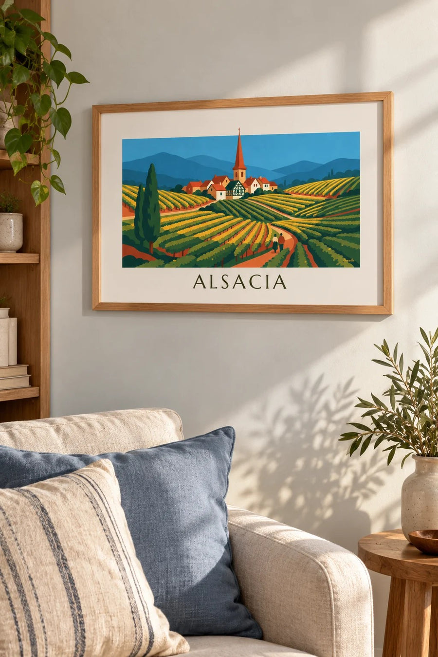 Cartaz da rota dos vinhos e das vinhas em socalcos da Alsácia: pequeno formato A4 emoldurado