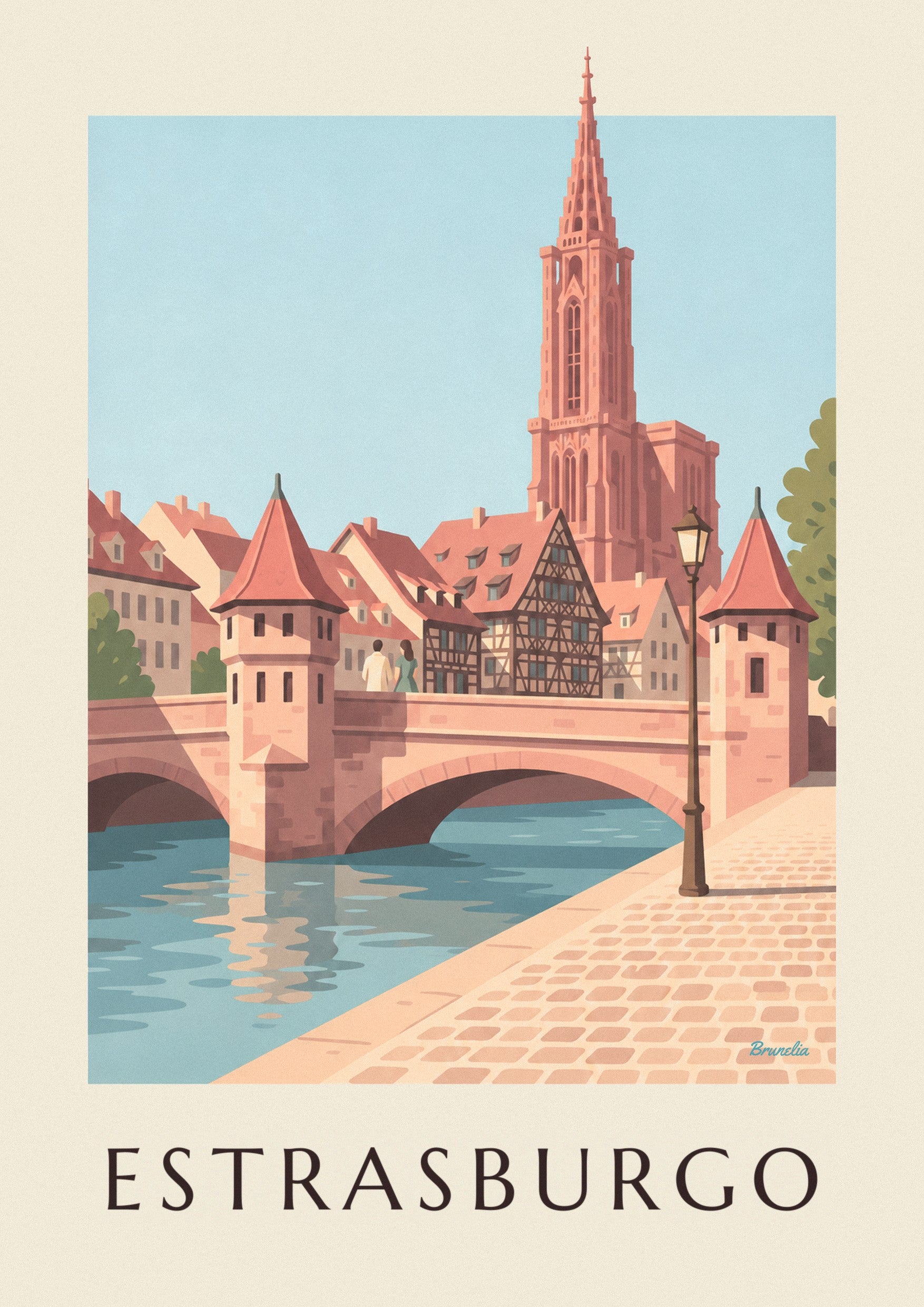 Póster da catedral de Estrasburgo e ponte medieval: pormenor ampliado