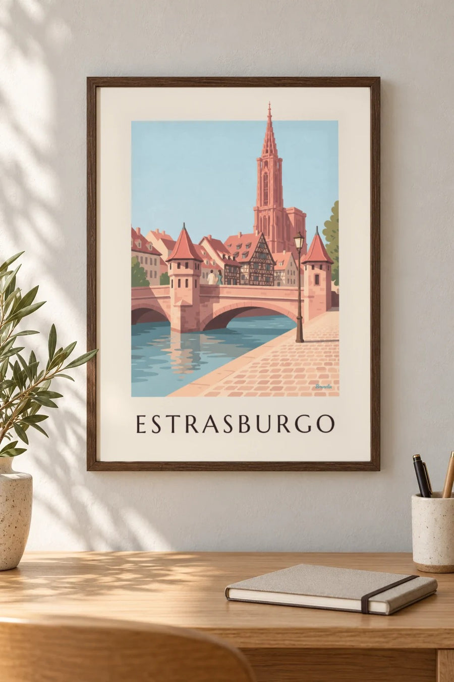 Póster da catedral de Estrasburgo e ponte medieval: pequeno formato A4 emoldurado