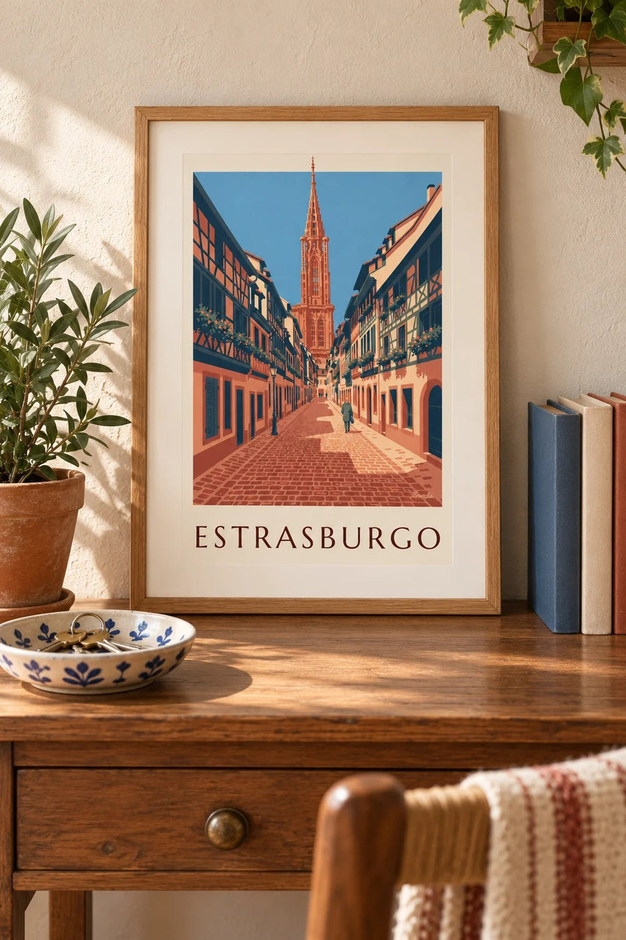 Cartaz de uma rua empedrada e da catedral do centro histórico de Estrasburgo: pequeno formato A4 emoldurado