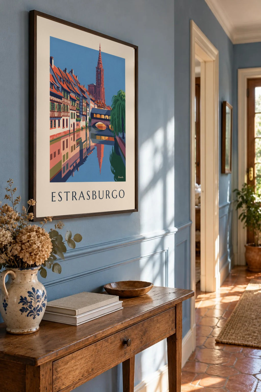 Póster de casas de enxaimel e ponte coberta da Petite France, em Estrasburgo: emoldurado na parede