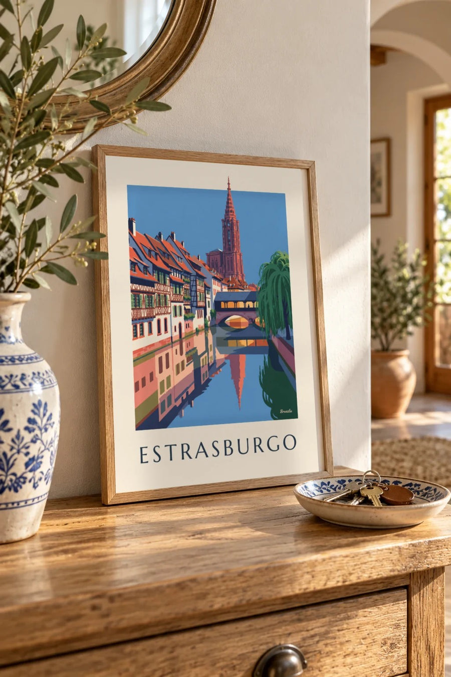 Póster de casas de enxaimel e ponte coberta da Petite France, em Estrasburgo: pequeno formato A4 emoldurado