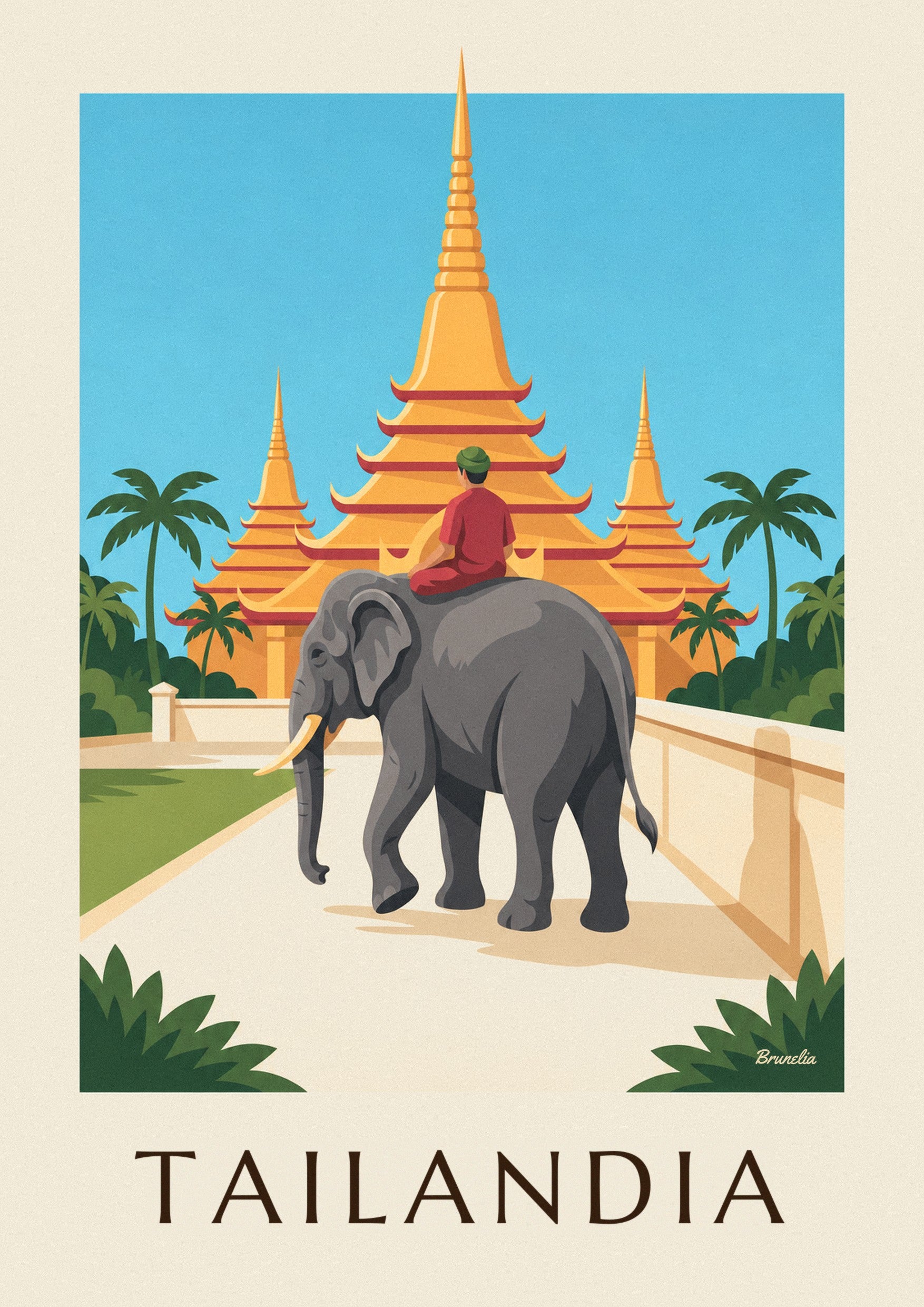 Cartaz de elefante e pagodes douradas na Tailândia: pormenor ampliado
