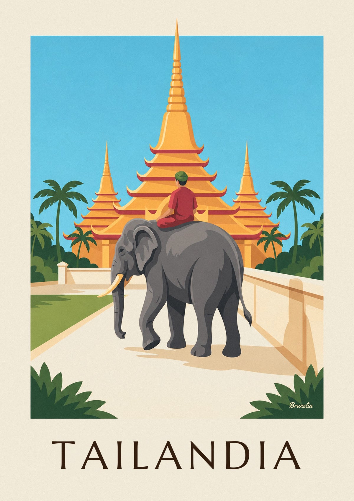 Cartaz de elefante e pagodes douradas na Tailândia