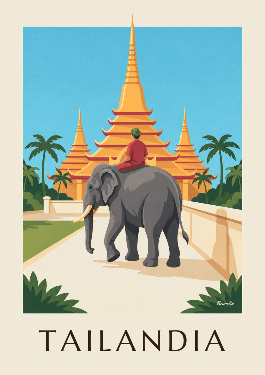Cartaz de elefante e pagodes douradas na Tailândia