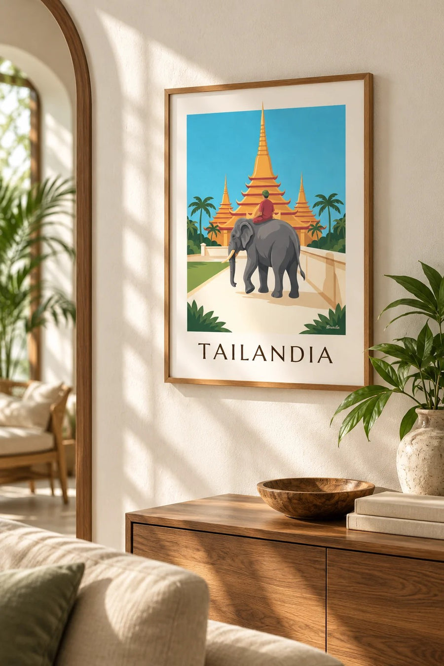 Cartaz de elefante e pagodes douradas na Tailândia: pequeno formato A4 emoldurado