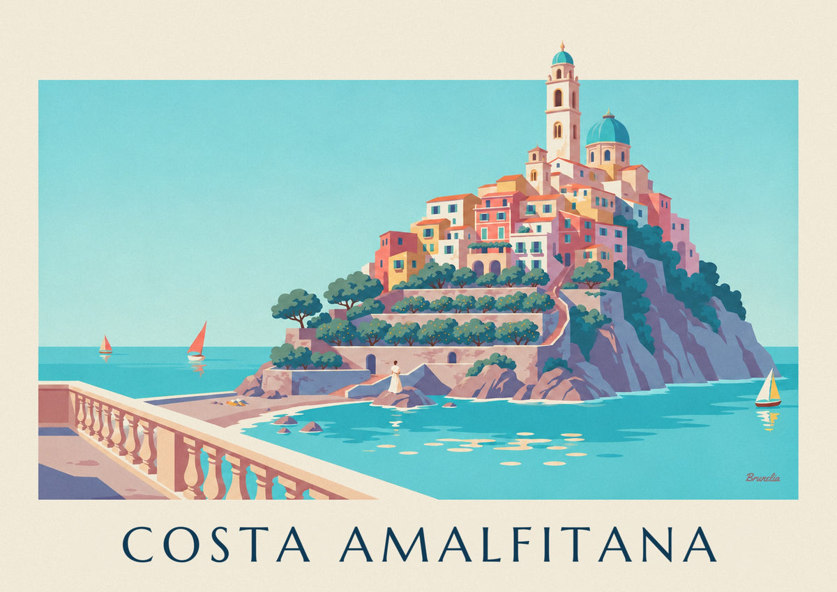Póster da Costa Amalfitana, casas coloridas e baía turquesa