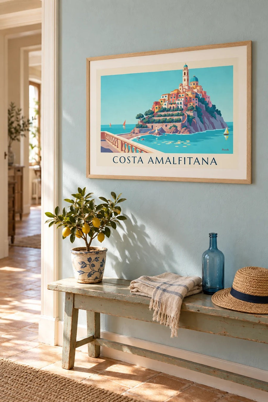 Póster da Costa Amalfitana, casas coloridas e baía turquesa: emoldurado na parede