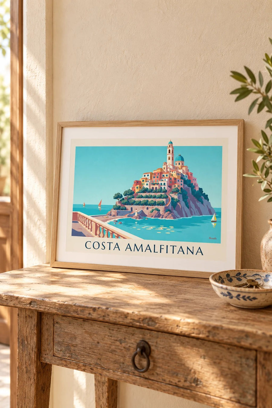 Póster da Costa Amalfitana, casas coloridas e baía turquesa: pequeno formato A4 emoldurado