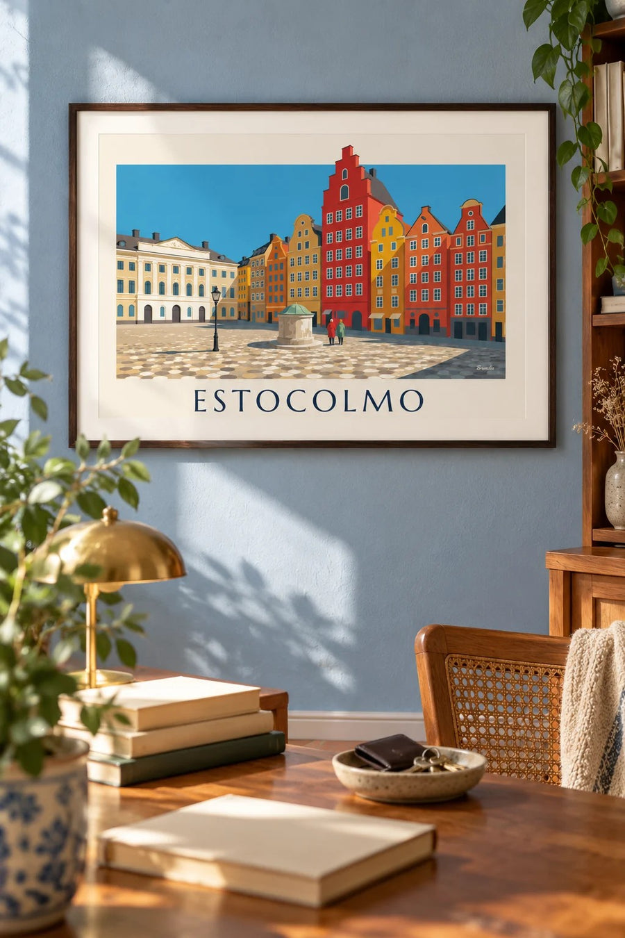 Poster das fachadas coloridas de Stortorget, em Gamla stan, Estocolmo: emoldurado na parede
