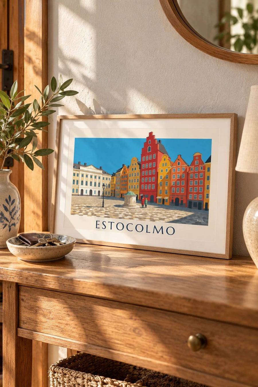 Poster das fachadas coloridas de Stortorget, em Gamla stan, Estocolmo: pequeno formato A4 emoldurado