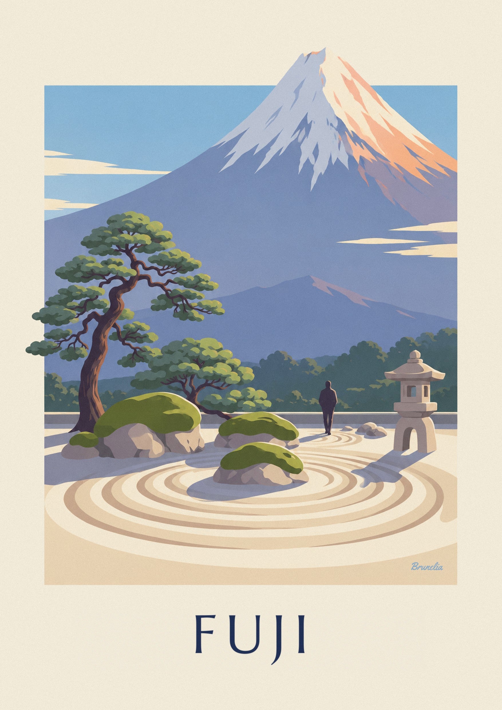 Affisch med japansk zen-trädgård framför Fuji: detalj i närbild