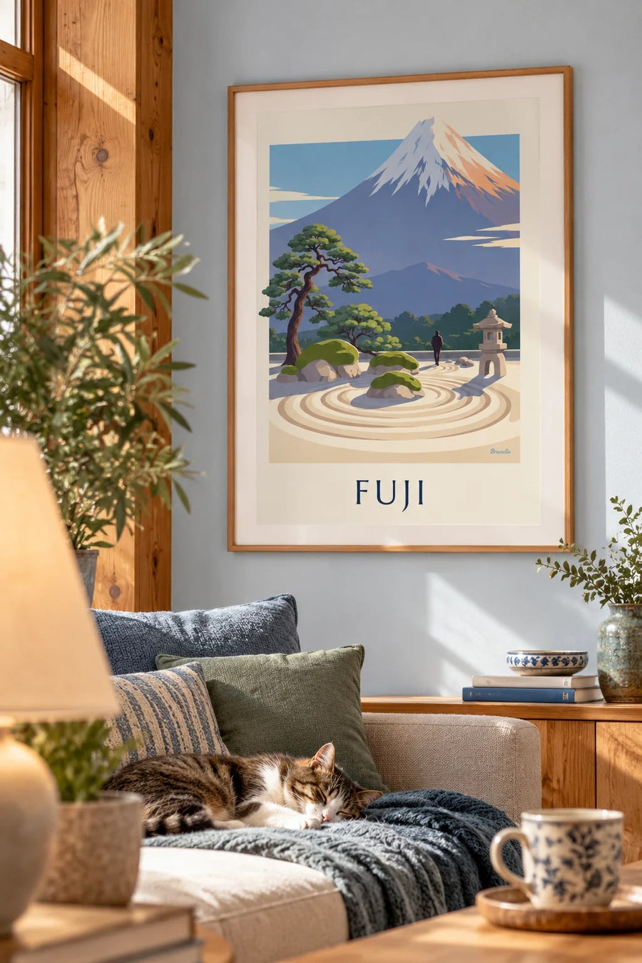 Affisch med japansk zen-trädgård framför Fuji: inramad på väggen