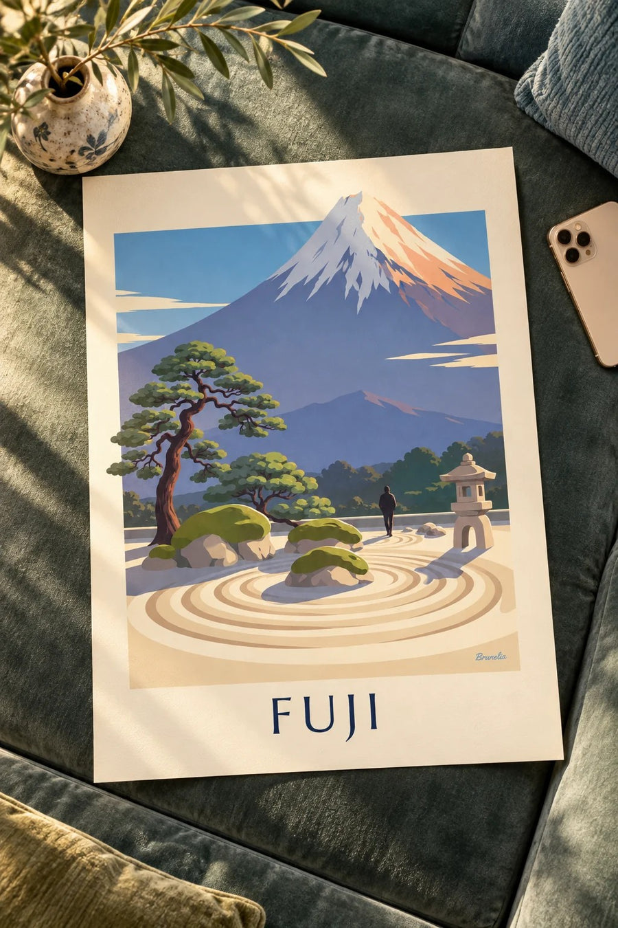 Affisch med japansk zen-trädgård framför Fuji: liggande på ett bord