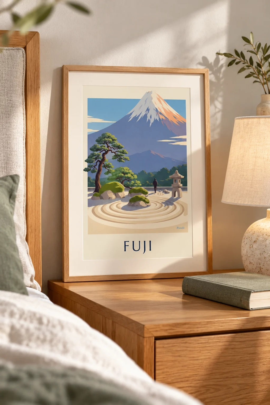 Affisch med japansk zen-trädgård framför Fuji: litet A4-format i ram