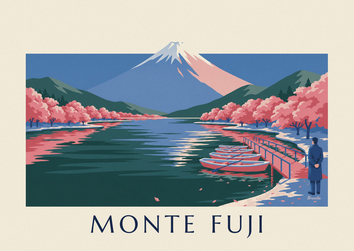 Cartaz do Monte Fuji, cerejeiras em flor e barcos no pontão