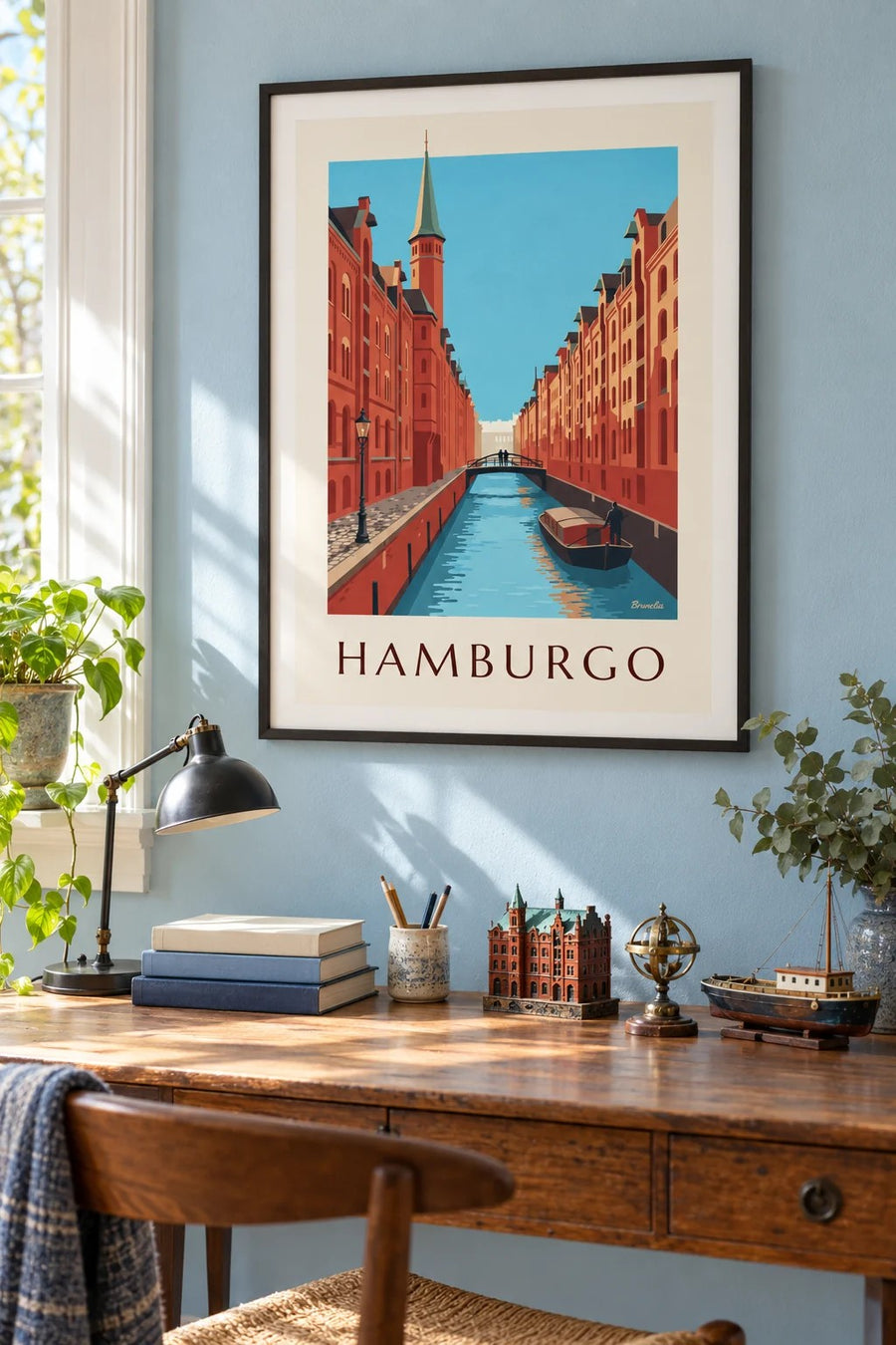 Cartaz dos armazéns da Speicherstadt em Hamburgo: emoldurado na parede