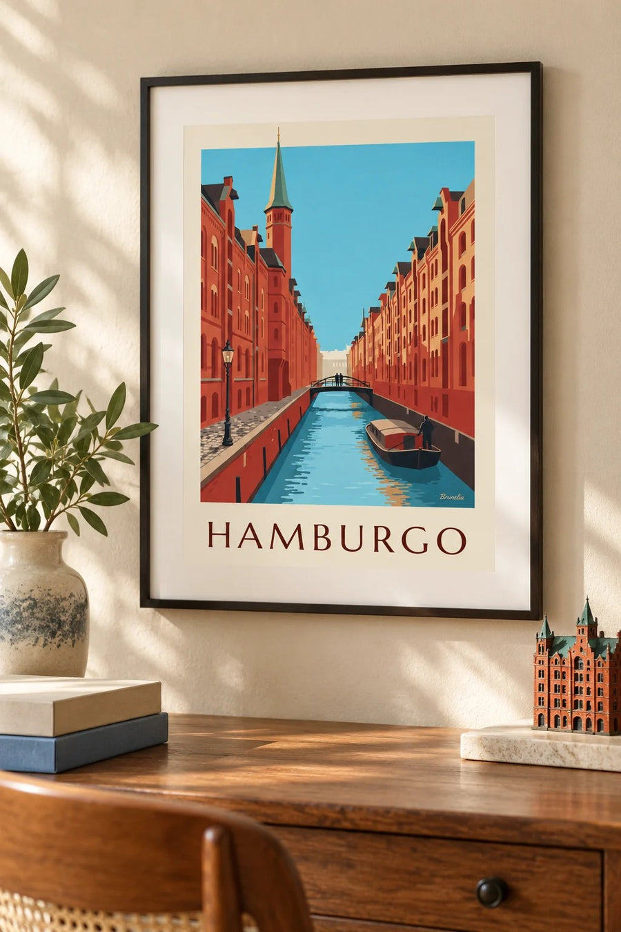 Cartaz dos armazéns da Speicherstadt em Hamburgo: pequeno formato A4 emoldurado