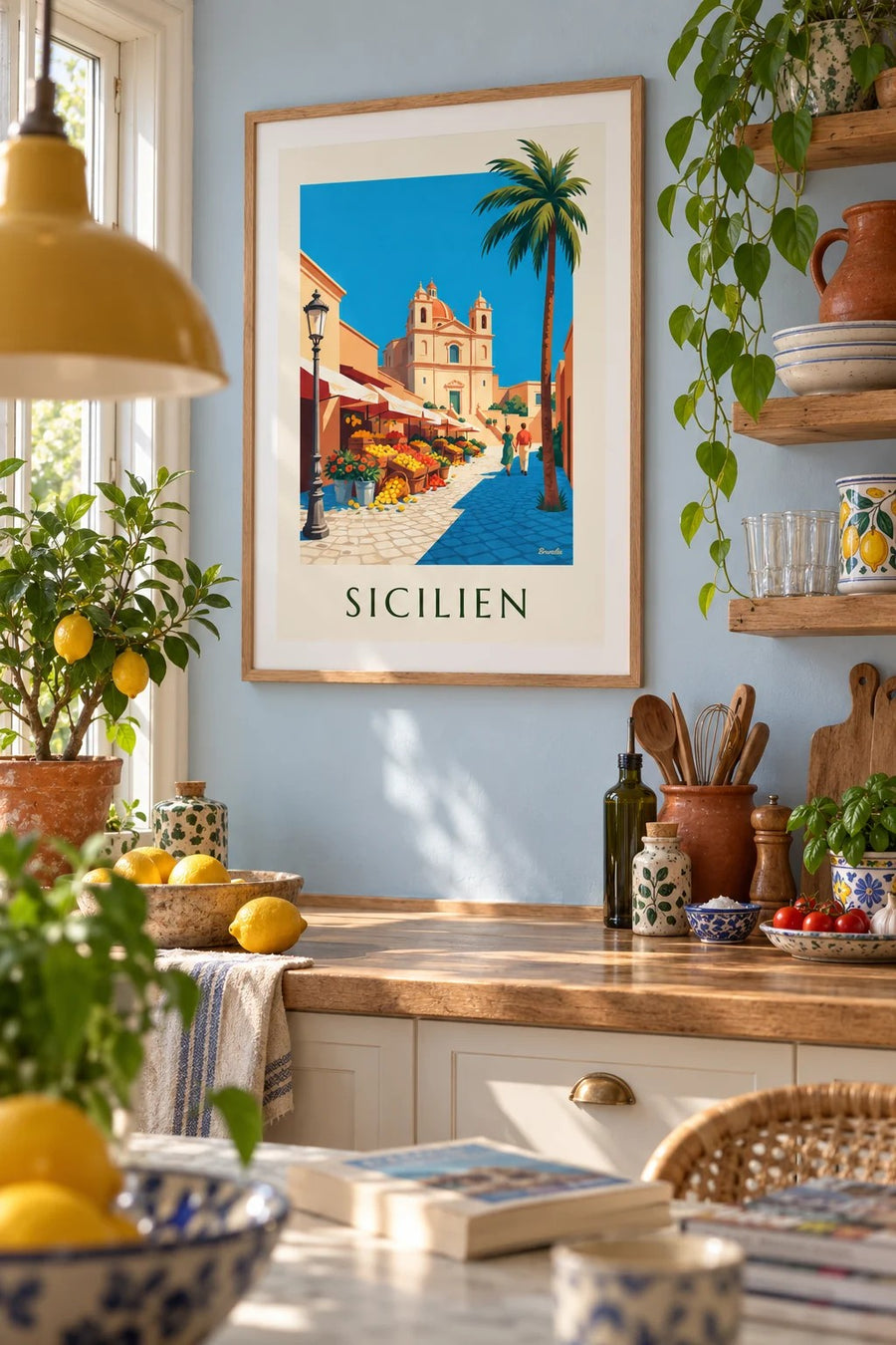 Affisch med siciliansk marknad med citroner, apelsiner och blommor: inramad på väggen
