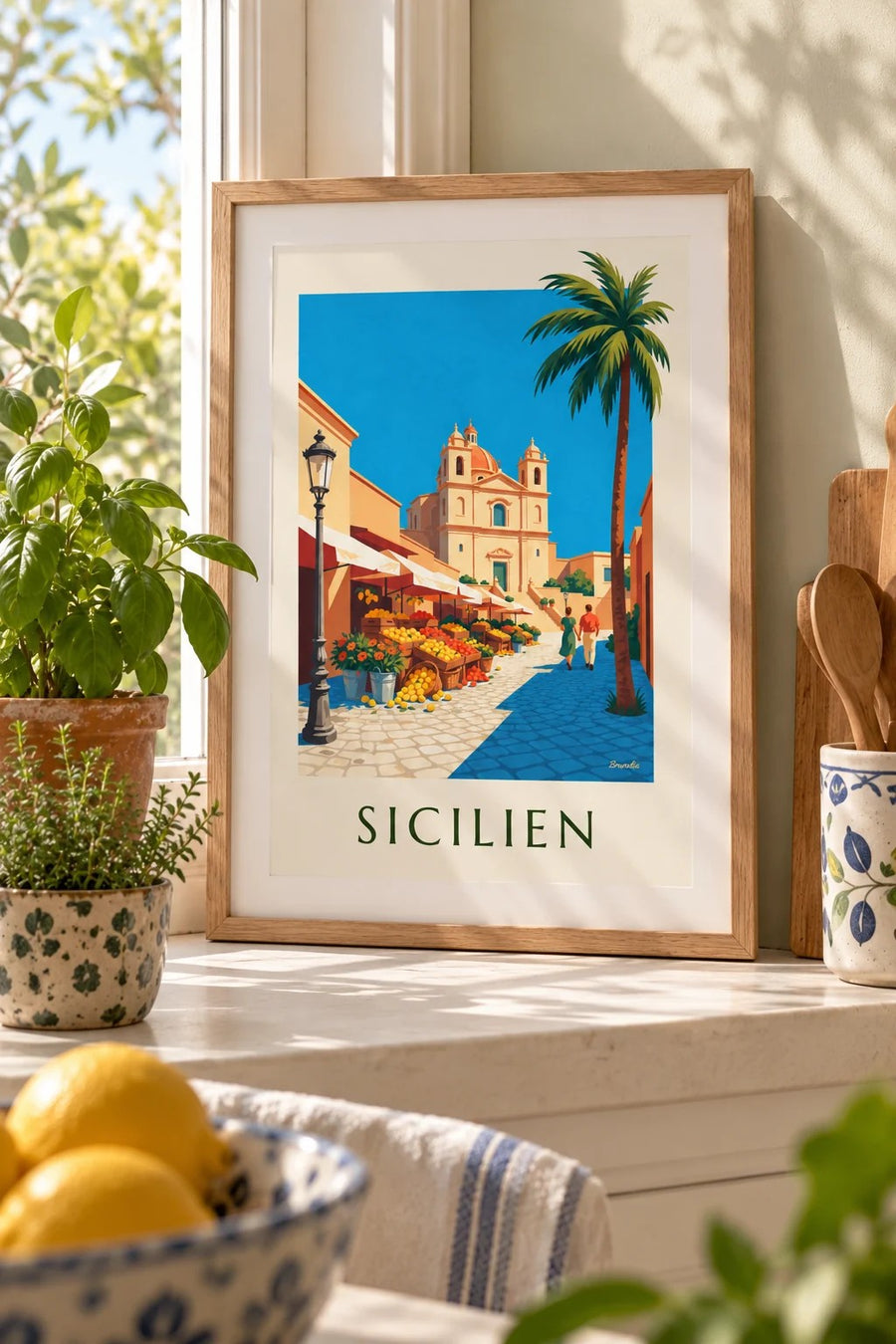 Affisch med siciliansk marknad med citroner, apelsiner och blommor: litet A4-format i ram