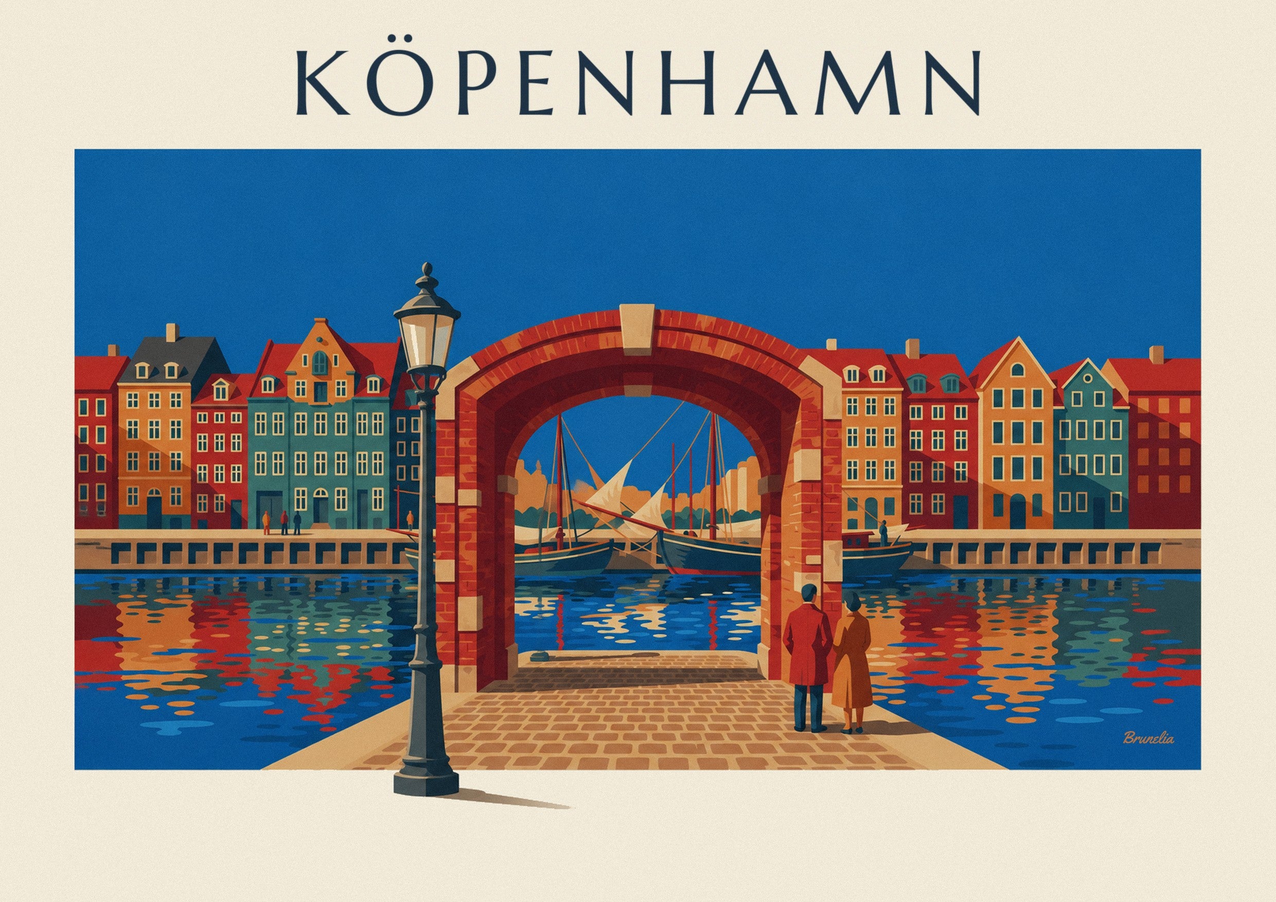 Affisch med färgglada hus och gamla segelbåtar i Nyhavn i Köpenhamn: detalj i närbild