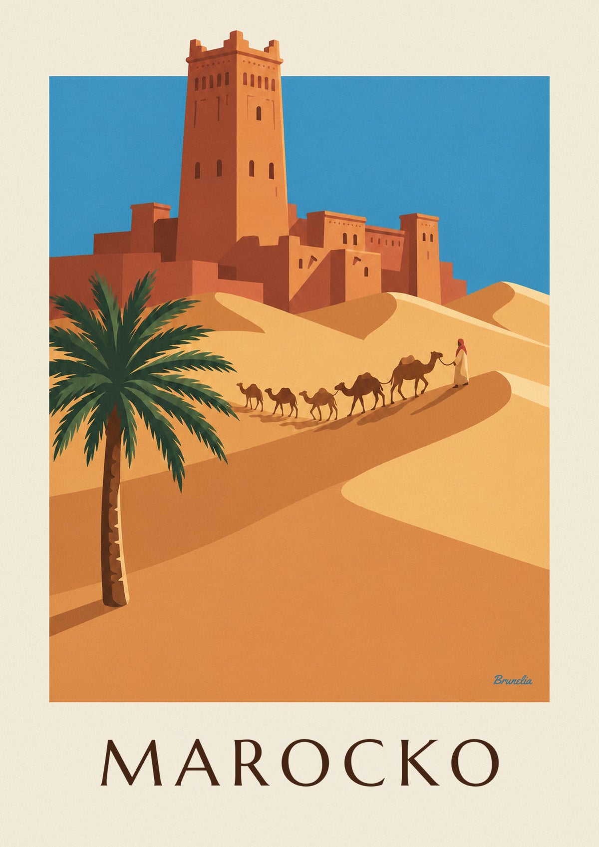 Affisch med kasbah och kamelkaravan i den marockanska öknen